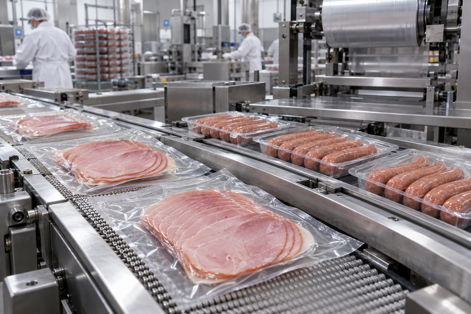 Jamón rebanado y salchichas empacados en una línea industrial cárnica