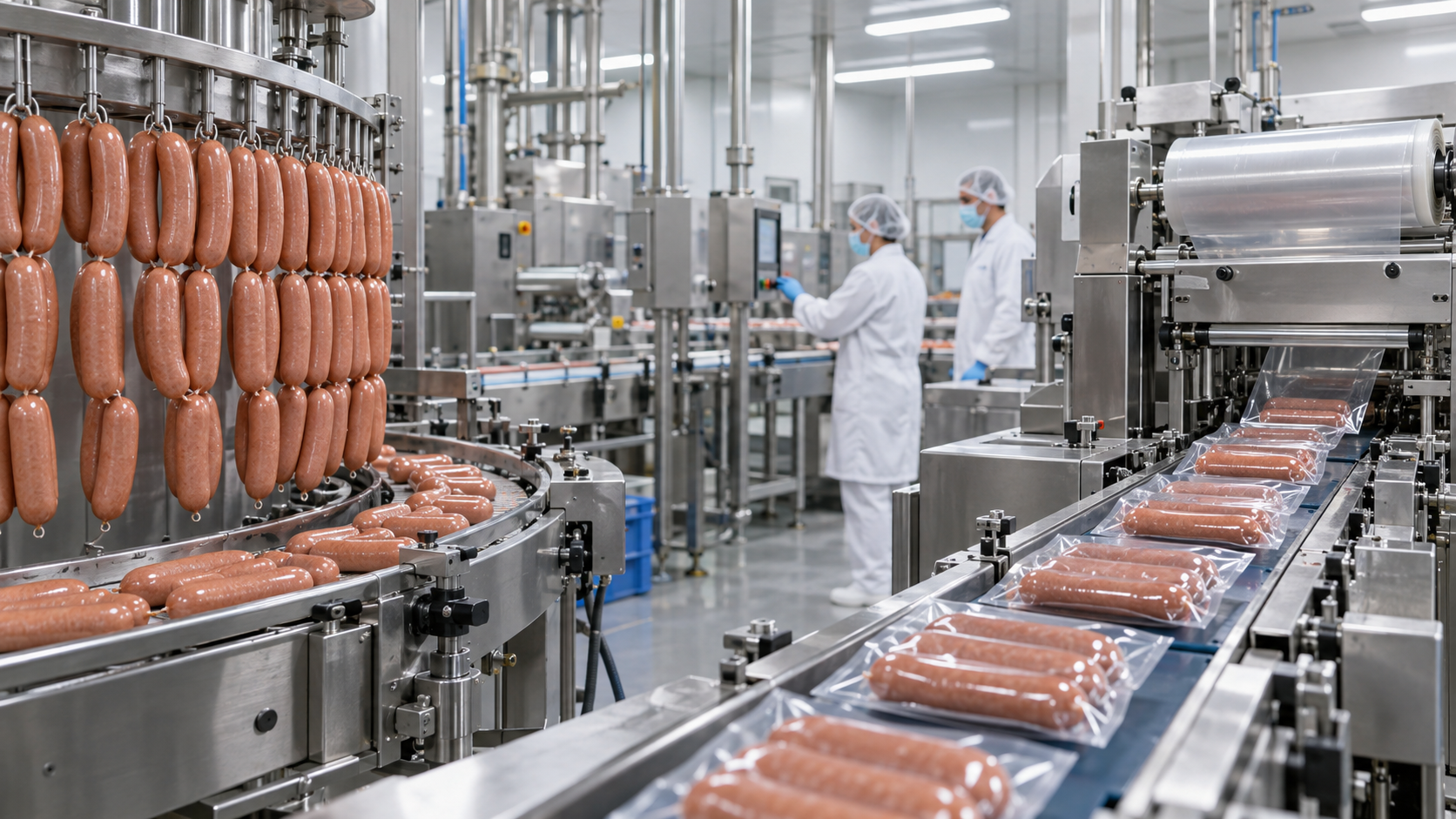 Línea industrial de producción y empaque de salchichas con operadores